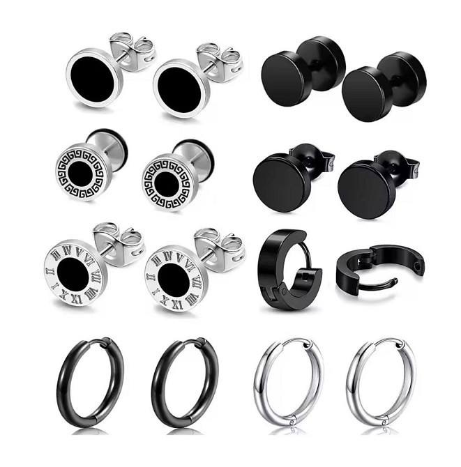 Набір сережок 8 пар – гвоздики пусети та кільця з нержавіючої сталі Київ - фото 1