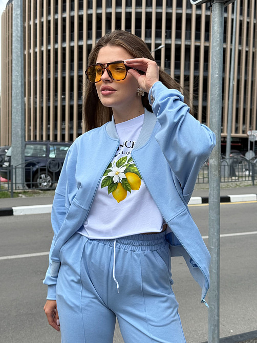 Жіночий костюм оверсайз з широкими штанами з двонитки Блакитний 50/52 Харків - фото 4