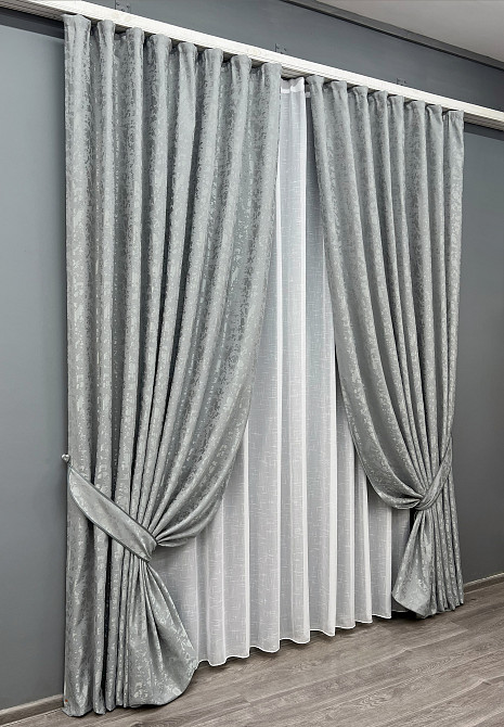 Комплект штор VR-Textil Льон Мармур 200х270 2шт і Тюль 600х270 1911ш-115т Світло-сірий з білим 71-131/7 Київ - фото 2