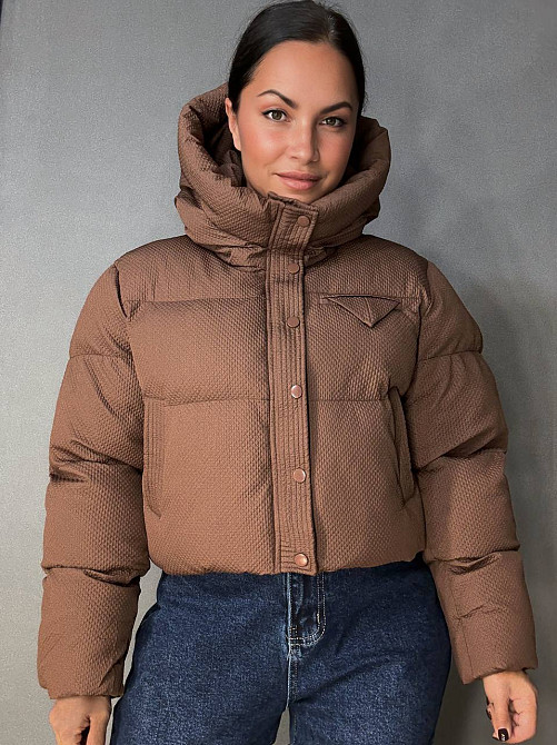 Куртка женская Lady Yep 10039 вафельная пуффер оверсайз с капюшоном коричневая, коричневый, 42 Киев - изображение 1