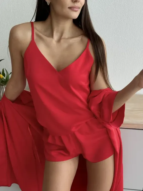 Піжама жіноча шовкова із шортами Червоний 3XL/4XL Харків - фото 14