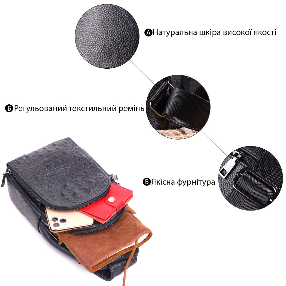 Чоловіча сумка слінг із натуральної фактурної шкіри 21400 Vintage Чорний Київ - фото 8