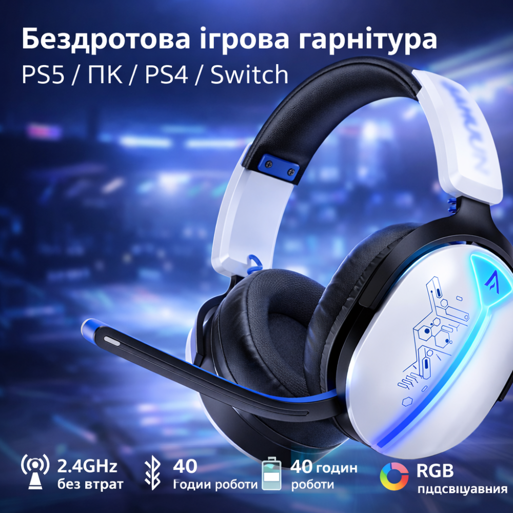 Бездротова ігрова гарнітура PS5 для ПК PS5 PS4 Switch 2,4 ГГц Bluetooth 5.3 акумулятором 40 годин, RGB-підсвічування Київ - фото 1