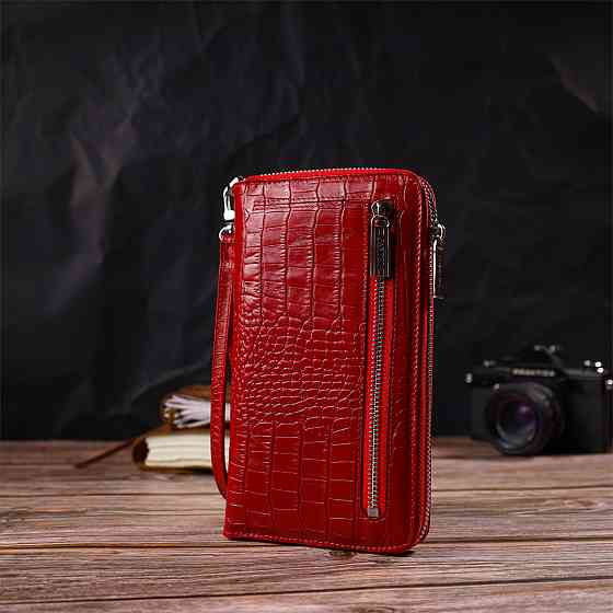 Функціональний клатч для жінок з натуральної шкіри з тисненням під крокодила Червоний (CANPELLINI) Київ