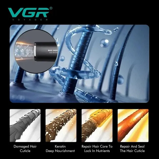 Професійний фен VGR V-469: BLDC 110k об/хв, 2400 Вт, 4 теми / 4 обдування, 2 насадки, кабель 2.5 м Одеса - фото 10