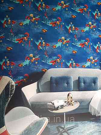 Метрові вінілові шпалери на флізеліні AdaWall Ada Kids дитячі супермен написи будівлі сині Київ