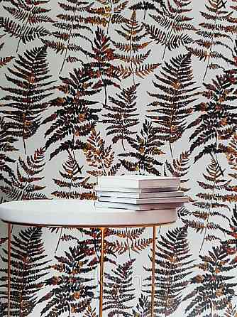 Ообои флізелінові еко Decoprint Essentials EE22543 листя папороті коричневі бурштинові чорні на білому Київ