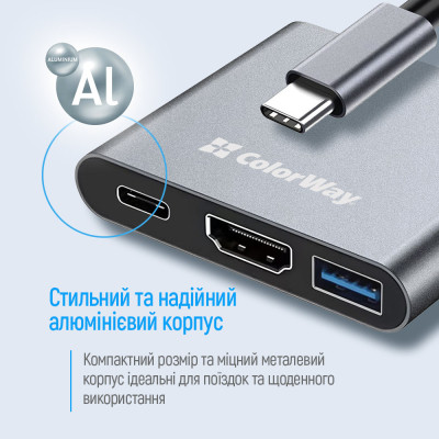 Концентратор ColorWay USB-C 3-in-1 USB 3.0 + HDMI 4K + USB-C PD100W (CW-HUB08) Вінниця - фото 7