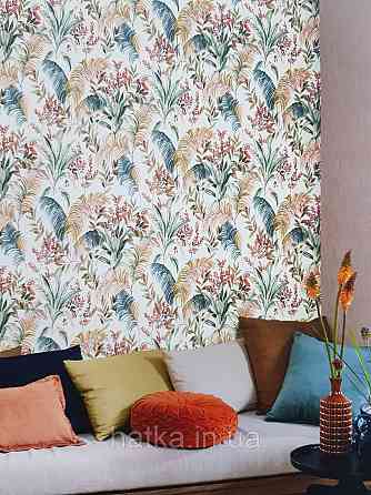 Обои винил на флизелине Rasch Florentine 1.06х10 листья ветки папоротника банана зеленые коричневые на белом Киев