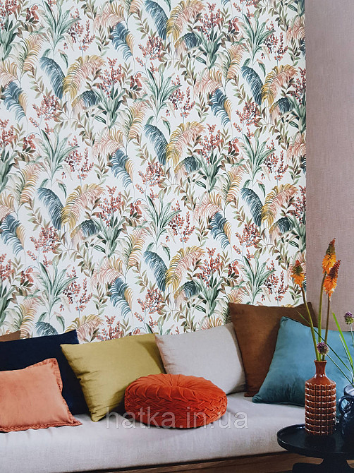 Шпалери вініл на флізеліні Rasch Florentine 1.06х10 листя гілки папороті банана зелені коричневі на білому Київ - фото 1