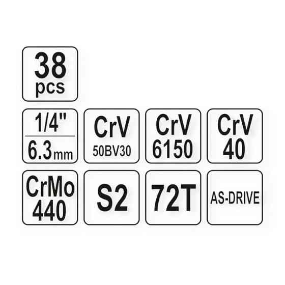 Набір інструменту 1/4" 38 шт, 3,5-14 мм з тріщ., подовжує., кардан, отв.-вороток, біти, Т-вороток Мукачево
