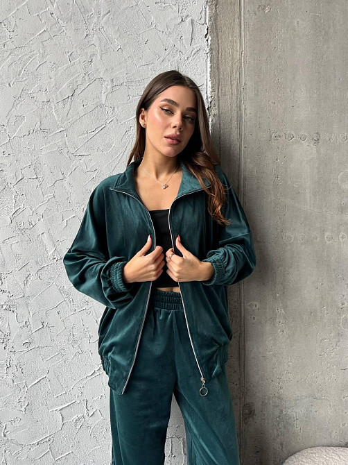 Жіночий прогулянковий костюм-двійка: кофта та штани з турецького велюру Смарагдовий, 42/44 Одеса - фото 8