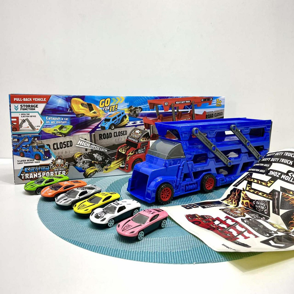 Трейлер-автовоз розкладний з набором машинок 6шт Синій (K180A10) Чернігів - фото 1