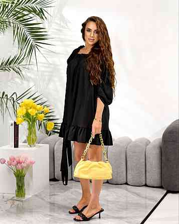 Женское легкое романтическое мини платье из льна. Черный, 46/48 Одесса