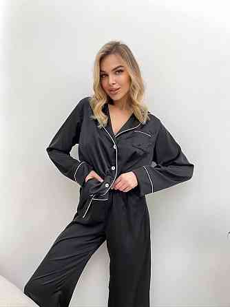 Женская стильная пижама двойка: рубашка и брюки из шелка Армани. Черный, 44/46 Одесса