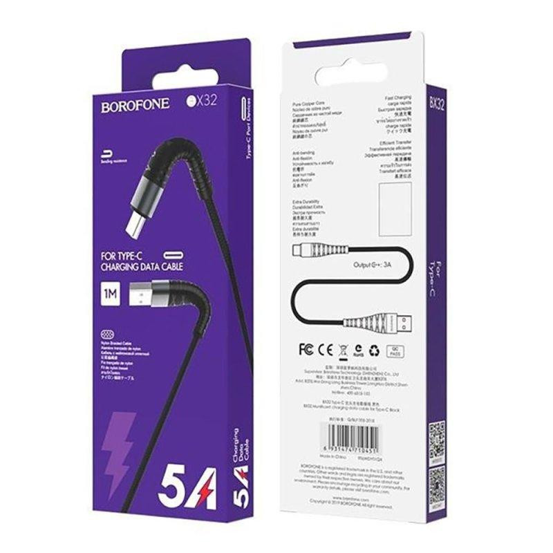 Кабель BOROFONE BX32 USB to Type-C 2.4A, 1m, nylon, aluminum+TPE connectors, Black Київ - фото 2