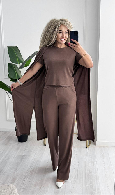 Жіночий базовий прогулянковий костюм-трійка: кардиган футболка та штани трикотажний рубчик Моко, 50/52 Одеса - фото 3