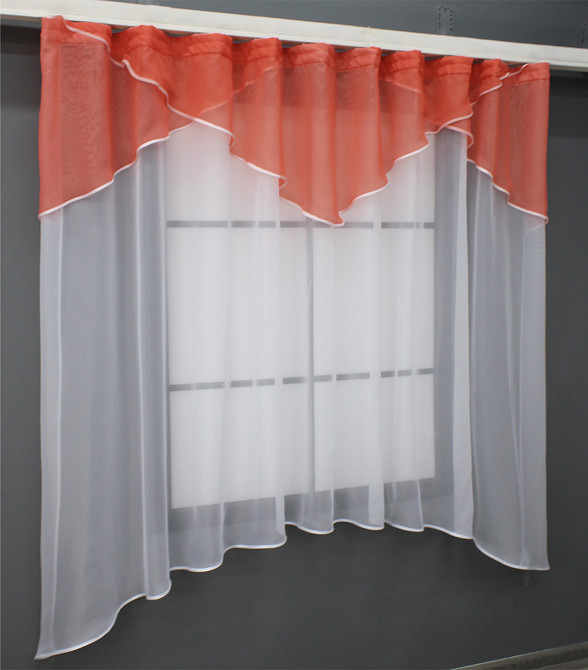 Кухонная тюль арка с ламбрекеном VR-Textil № 025к белый с коралловым 280х170 см (52-1003) Киев - изображение 2