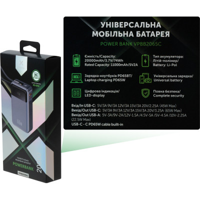 Батарея універсальна Vinga 20000 mAh 65W Display USB-C Cable Grey (VPBB2065C) Вінниця - фото 9