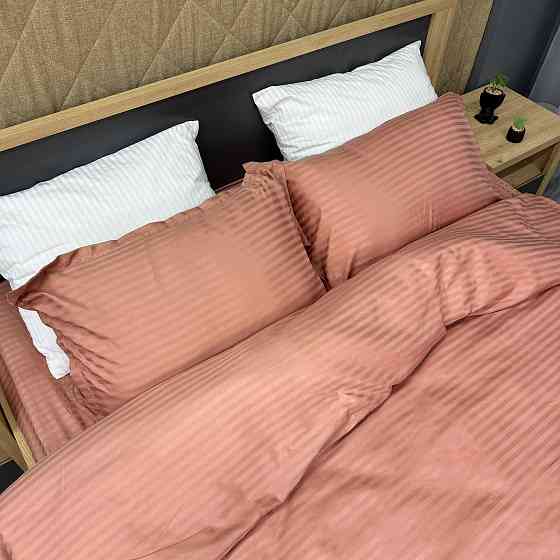 Комплект постельного белья Страйп-сатин Евро 200х230 с простыней на резинке Терракотовый (88-095) Киев