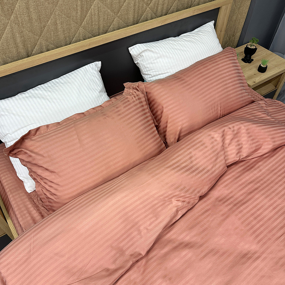 Комплект постельного белья Страйп-сатин Евро 200х230 с простыней на резинке Терракотовый (88-095) Киев - изображение 1