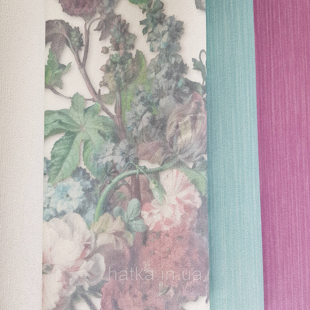 Шпалери метрові вінілові на флізелін дизайнерські Erismann Elle квіти листя рожеві сині зелені на білому Київ - фото 1