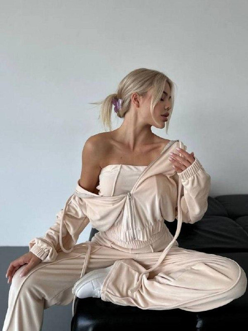 Женский прогулочный плюшевый костюм тройка: кофта топ и штаны велюр-плюш Бежевый, 46/48 Одесса - изображение 8