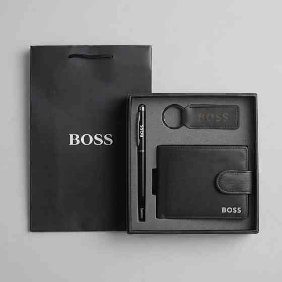 Мужской подарочный комплект, кошелек с брелоком и ручкой Boss (7704-3) Киев