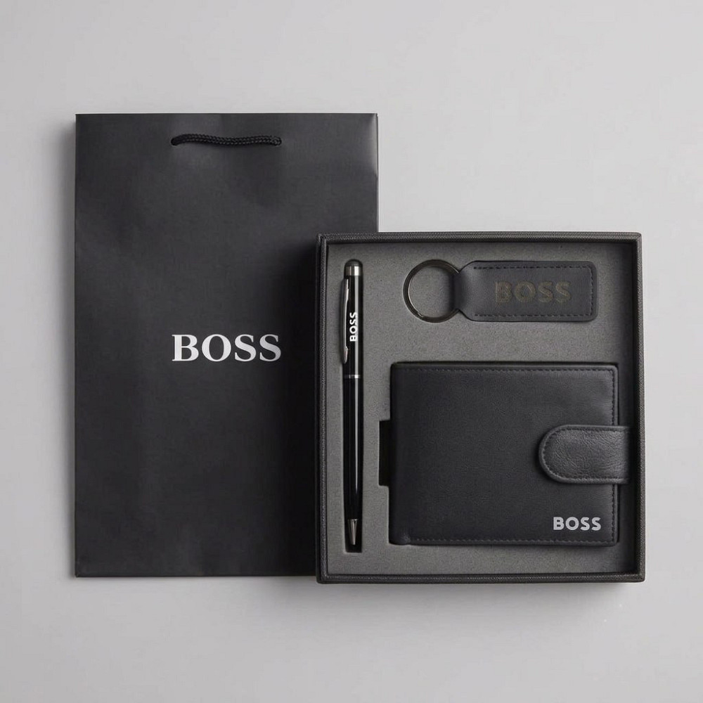 Мужской подарочный комплект, кошелек с брелоком и ручкой Boss (7704-3) Киев - изображение 4