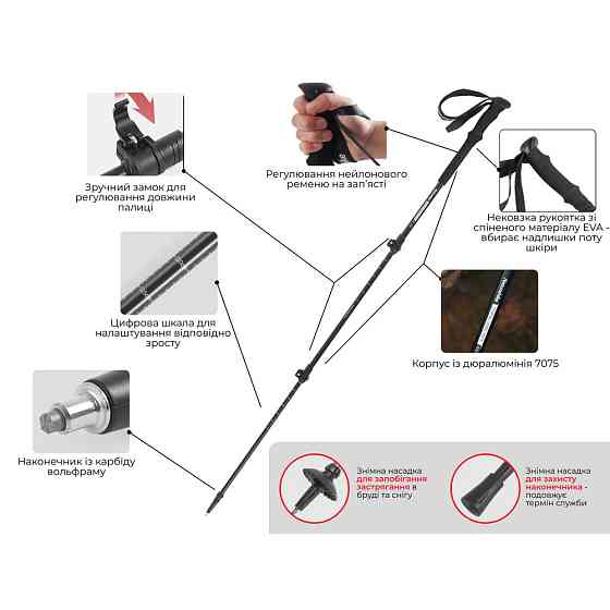 Трекінгова палиця 3-сек. Naturehike ST 03 7075 AL NH17D017-D, чорна Київ