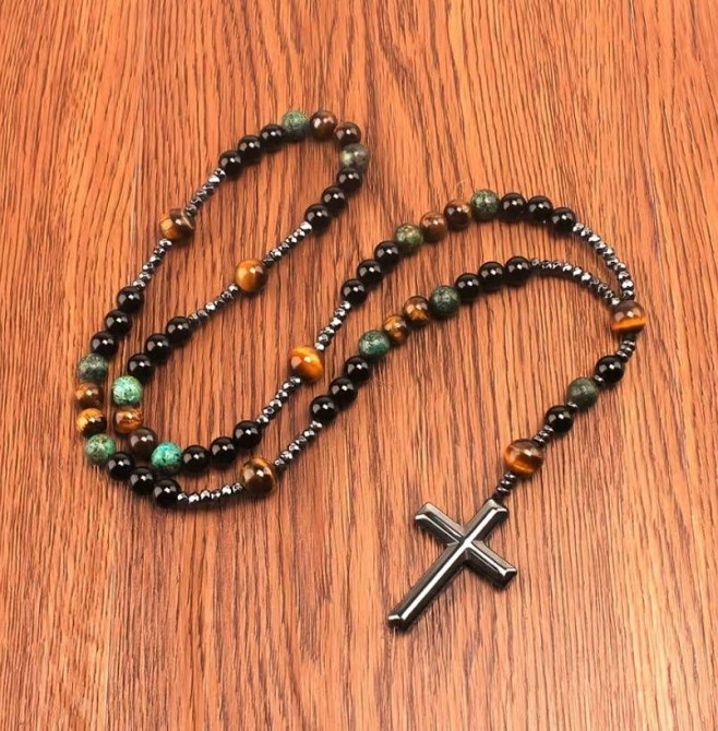 Винтажное ожерелье с крестом из африканской яшмы, тигрового глаза и черного агата Киев - изображение 4