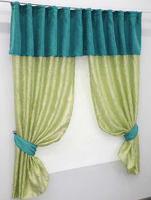 Кухонные шторы VR-Textil № 073к с ламбрекеном и подхватами  салатовый с бирюзовым 290х170 см (52-0151) Киев - изображение 2