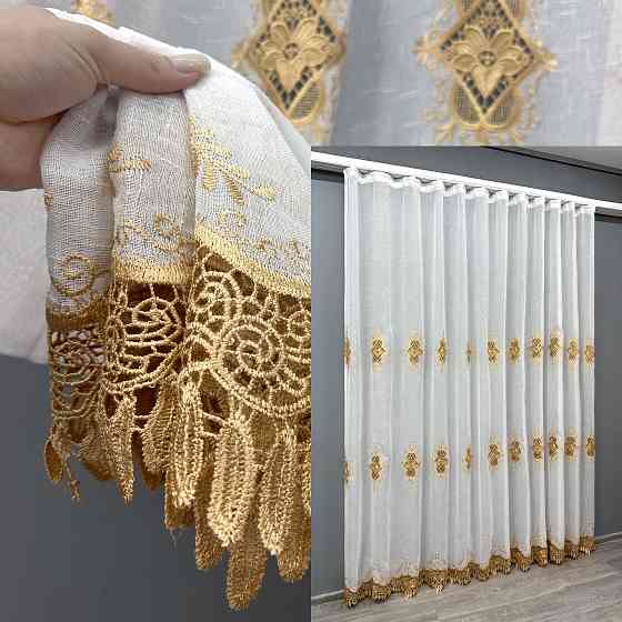 Тюль лен с кружевом цвет белый с золотистым 1803т Киев