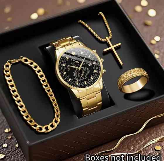 Подарочный набор для мужчин наручные часы с браслетом и цепочка с крестиком и кольцо золотистый Киев