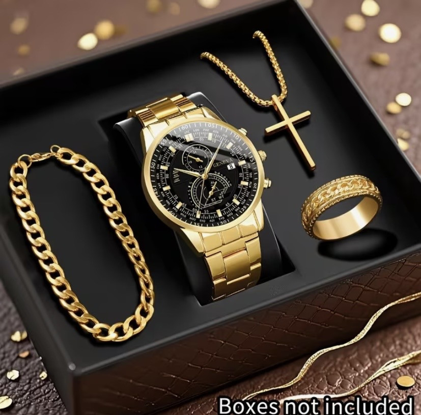 Подарунковий набір для чоловіків наручний годинник з браслетом і ланцюжок з хрестиком та кільце золотистий Київ - фото 1