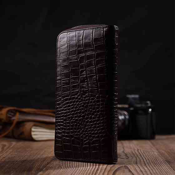 Практичный женский кошелек из натуральной кожи с тиснением под крокодила Коричневый (BOND) Киев