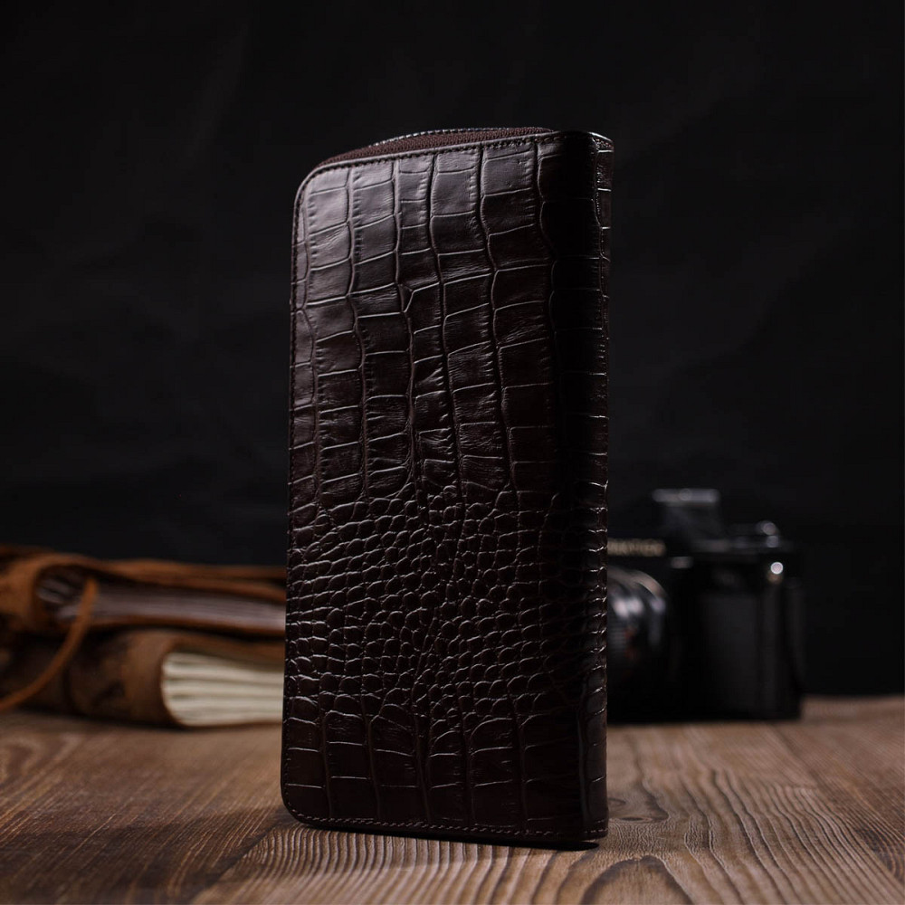 Практичний жіночий гаманець із натуральної шкіри з тисненням під крокодила Коричневий (BOND) Київ - фото 3