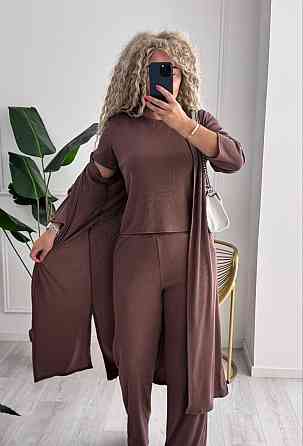 Женский базовый прогулочный костюм тройка: кардиган футболка и штаны трикотажный рубчик Мокко, 50/52 Одесса