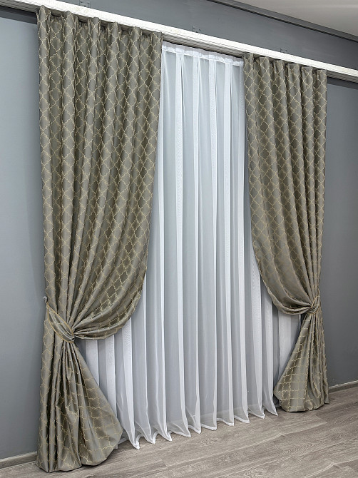 Комплект готовых штор VR-Textil Жаккард SAPFIR № 1755ш Серый с бежевым 150х300 см 2 шт (33-0711) Киев - изображение 3