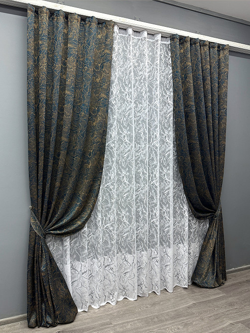Комплект штор VR-Textil Жаккард Fantasy 100х270 2шт и Тюль 300х270 1634ш-1783т Синий с белым 71-049/1 Киев - изображение 2