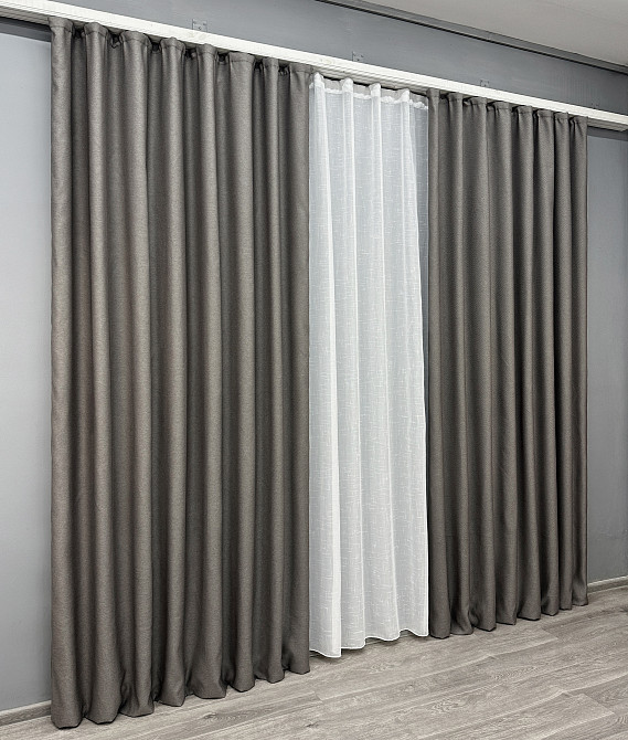 Комплект штор VR-Textil рогожка преміум TERRA LUXE 200х270 2шт і Тюль 500х270 1856ш-115т темно-сірий з білим 71-074/6 Київ - фото 3