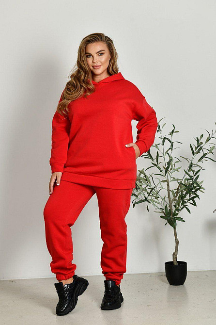 Женский прогулочный костюм: худи и штаны батал в спортивном стиле трехнитка на флисе Красный, 56/58 Одесса - изображение 4