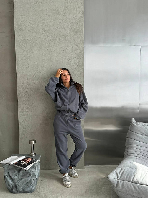 Жіночий теплий спортивний костюм: кофта та штани турецький двосторонній фліс Графіт, 46/48 Одеса - фото 3