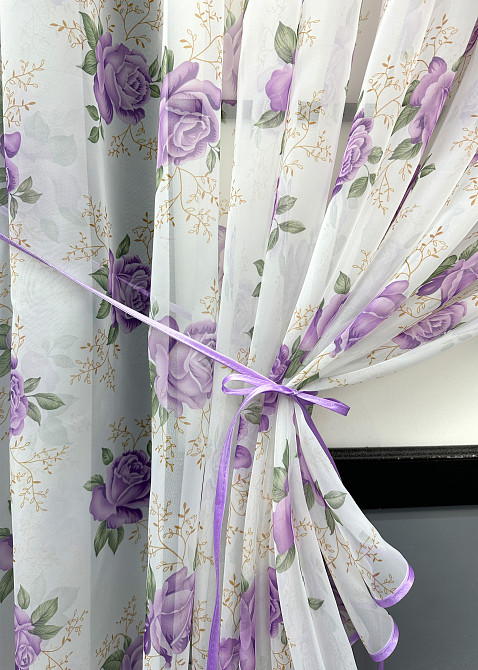 Кухонные шторки VR-Textil № 101к с подвязками Белый с сиреневым 320х170 см (52-1208) Киев - изображение 4