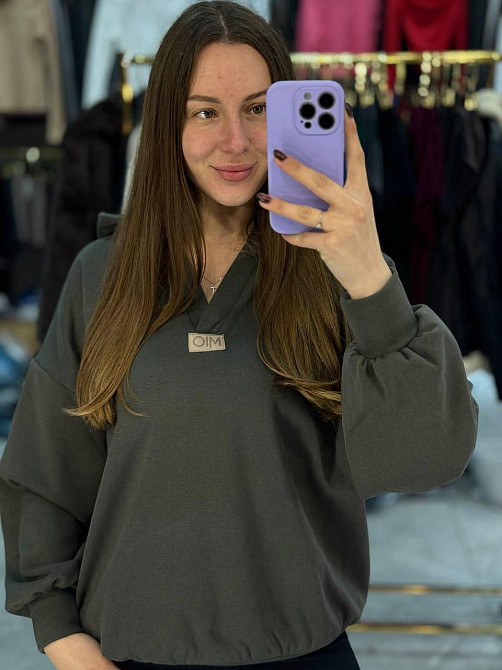 Женское теплое худи с вырезом коттоновый трикотаж на меху Хаки, 46/48 Одесса - изображение 2