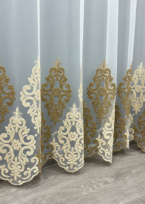 Тюль VR-Textil 1845т Фатин з об'ємною вишивкою Білий з бежевим та шоколадним 500х270 см (42-0918) Київ - фото 7