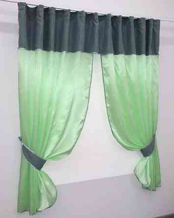 Кухонные шторы VR-Textil № 073к с ламбрекеном и подхватами салатовый с серо-голубым 290х170 см (52-0273) Киев
