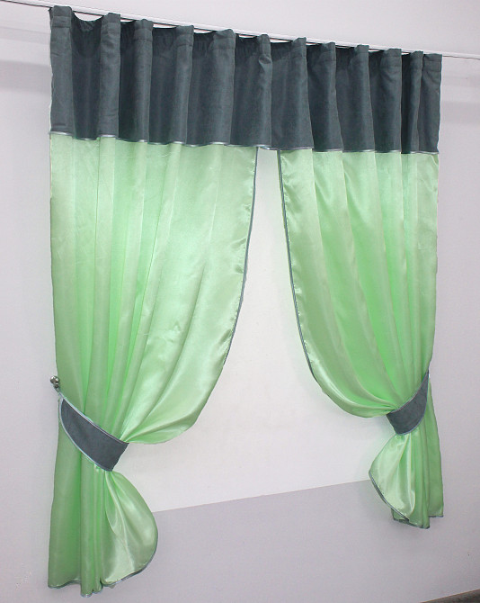 Кухонні штори VR-Textil № 073к з ламбрекеном і підхватами салатовий з сіро-блакитним 290х170 см (52-0273) Київ - фото 2
