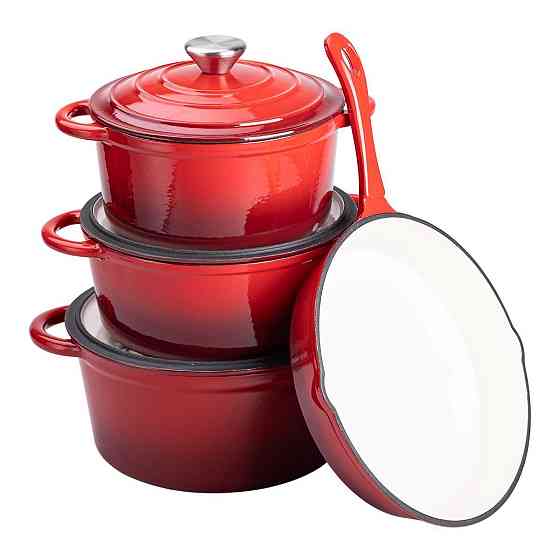 Набір чавунного посуду для приготування 3 каструлі та сковорода з емальованим покриттям Червоний HP-1-4 Київ