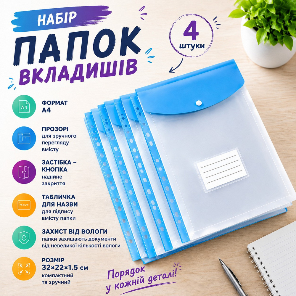 Набор папок-файлов с кнопкой для документов 4 шт формат А4 папка-конверт для фолдера папки-органайзеры прозрачные, голубой Каменец-Подольский - изображение 1